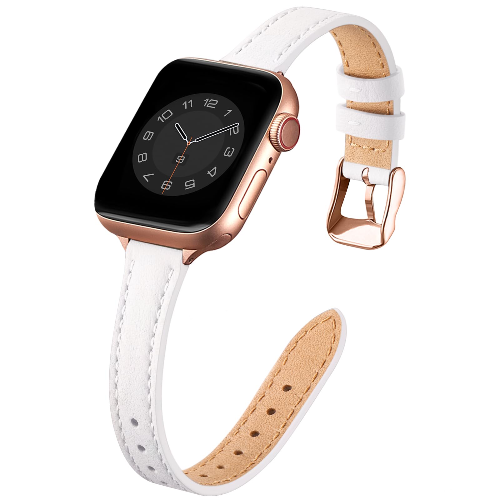 SUNFWR Compatible with Apple Watch Strap 42mm 44mm 45mm,Genuine Leather Strap Replacement,Slim&Thin Wristband for iwatch Series 7/6/5/4/3/2/1,SE(42mm 44mm 45mm,White&Rosegold)