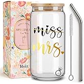 Miss to Mrs,Cute Bride Drinking Glass Cup Gifts for Bachelorettee Party,Engagement Gifts for Couples,Bridal Glass Tumbler with Lid and Straw for Women Bride Wifey Fiance,Wedding Gift for Her-16