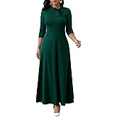 FANDEE Maxi Dress for Women Long Elegant 3/4 Sleeve Empire Waist Bow Tie Neck Casual Church Dresses with Pockets