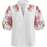 winkbay Women's Floral Embroidered Puff Half Sleeve Blouse Mock V Neck Summer Shirts