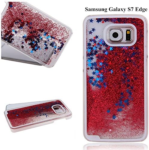 Samsung S7 Edge Case,Gravydeals Bling Red Glitter Stars Flowing Liquid Hard Adorable Lovely Creative Cover for Samsung Galaxy S7 Edge