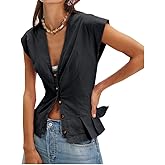 SurBepo Vest Tops for Women V-Neck Button Down Linen Blazer Cap Sleeve Fitted Waistcoat Work Casual Dressy Clothes