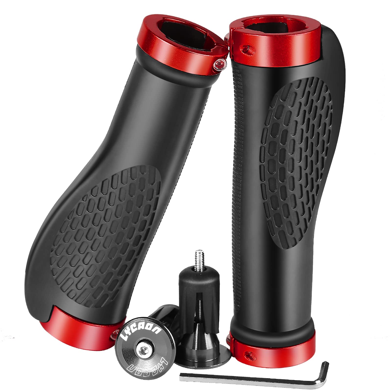LYCAON TPR Bicycle Bike Grips with 2 Expandable Aluminum End Caps, Bike Bicycle Grips Fits MTB/BMX/Mountain/Downhill/Foldable/Urban Bicycles/Scooter (RED, ERGONOMIC GRIPS)