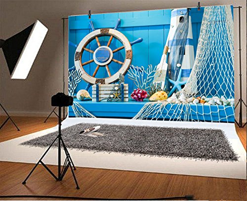 LFEEY 5x3ft Blue Wooden Wall Nautical Birthday Backdrop Seashells Sailing Ship Wheel Helm Fishing Net Starfish Summer Party Photography Background for Events Videos YouTube Photo Studio Props