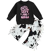 Western Toddler Baby Girl Fall Clothes Long Sleeve Let's Go Girl Shirt Cow Print Flare Pants with Tassels 2Pcs Outfits