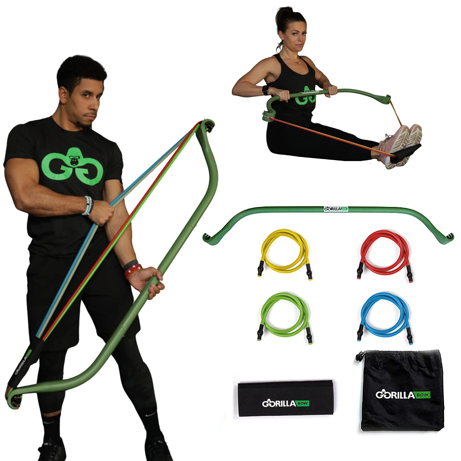 Gorilla Bow Portable Home Gym Resistance Band System | Weightlifting & HIIT Interval Training Kit | Full Body Workout Equipment (Green)