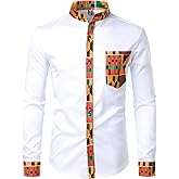 ZEROYAA Men's Hipster African Tribal Graphic Patchwork Design Slim Fit Long Sleeve Button up Mandarin Collar Shirts