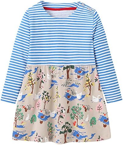 MISSHALO Girls Cotton Longsleeve Cartoon Applique Flower Dresses,Girls Striped CasualT-Shirt Dress,2T/2-3YRS,171006