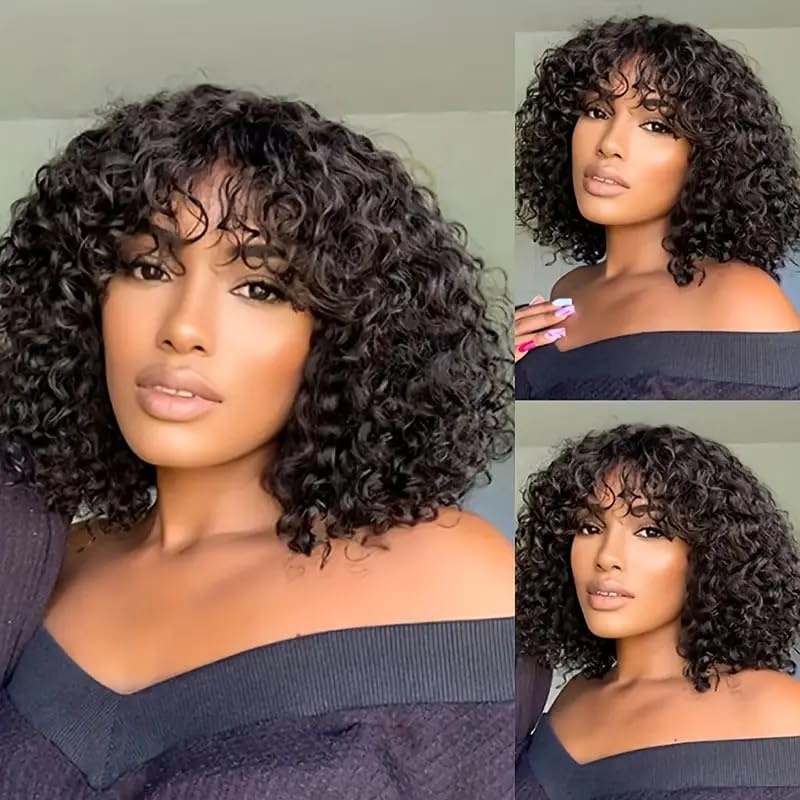Datanala deep wave Short Bob Wig with Bangs 10inch Human Hair 3x1 HD Lace Glueless Wigs Blunt Cut Silk Bob Wig Wear and Go 180% Density Realistic Look Natural Color for Women — image 1