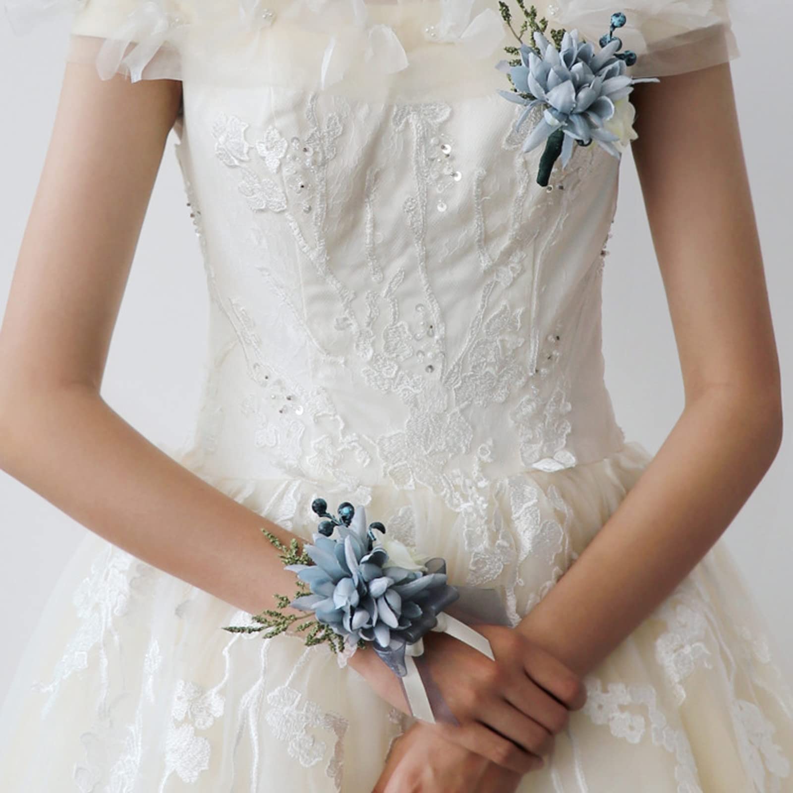 ZYLLZY 2Pcs Wedding Wrist Flower Set,Artificial Haze Blue Boutonniere Wrist Flower with Silk Flower Berry and Ribbon Decoration for Bride and Groom Prom Wedding Ceremony