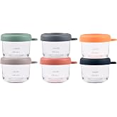 BEABA 6 Pack Glass Baby Food Jars with Soft Silicone Air Tight Lids, 5 oz Glass Storage Containers with Lids, Microwave and Freezer Safe Containers, Sunrise