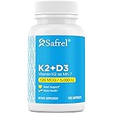 Safrel Vitamin K2 (MK7) 120 MCG and D3 5000 IU Supplement per Capsule, Supports Calcium Absorption for Bone, Immune and Heart Health, Easy to Swallow K2 and D3, Non-GMO, 120 Count