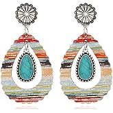 Wooden Teardrop Dangle Earrings for Women Boho Vintage Turquoise Leather Earrings Jewelry