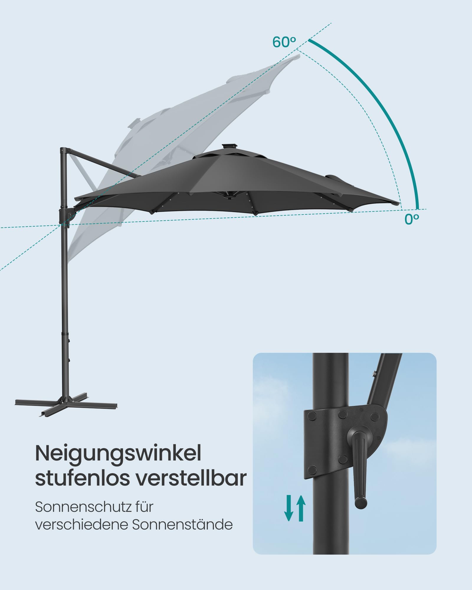 SONGMICS Sonnenschirm, Ampelschirm, 300 cm, 28 Solar-LED-Leuchten, UPF 50+, Gartenschirm, um 360° drehbar, Neigungswinkel stufenlos verstellbar, mit Kurbel, Kreuzfuß, grau GPU047G02 6