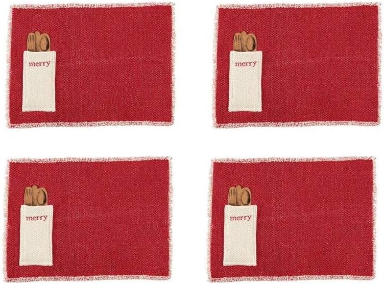 NPD Merry Red Dhurrie Christmas Placemat Silverware Pocket Set of 4