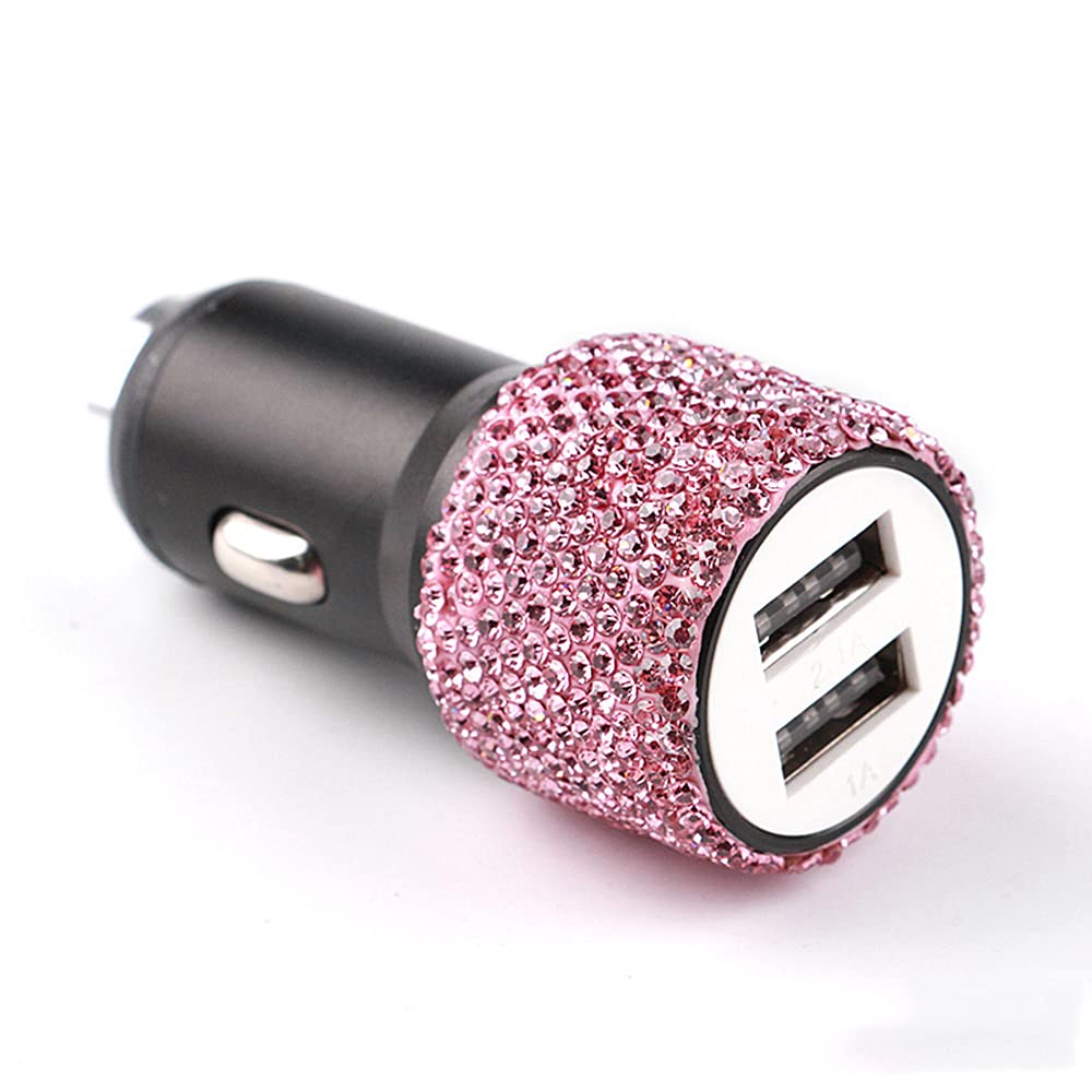 Cigarette Lighter USB Charger Rhinestone Crystal Car Decoration Bling Glitter Diamond Mini Car Charger Dual USB Car Charger Compatible with iPhone Galaxy Huawei Car Mobile Phone Chargers, Pink