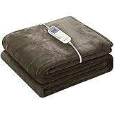 Wapaneus Heated Blanket Electric Twin Size 62"x84" with 10 Heating Levels 12 Timer Settings 8 Hours Auto-Shut Off,Flannel Fast-Heating Electric Blanket,ETL Listed Machine Washable,Dark Brown