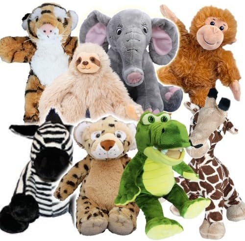 Splodge Teddy Bear Making Parties - 8 x 8" (20cm) Build a Jungle Safari Animals Party Pack - no sewing - Ideal for birthday party - tiger, elephant, monkey, wolf, gorilla, giraffe, leopard, sloth