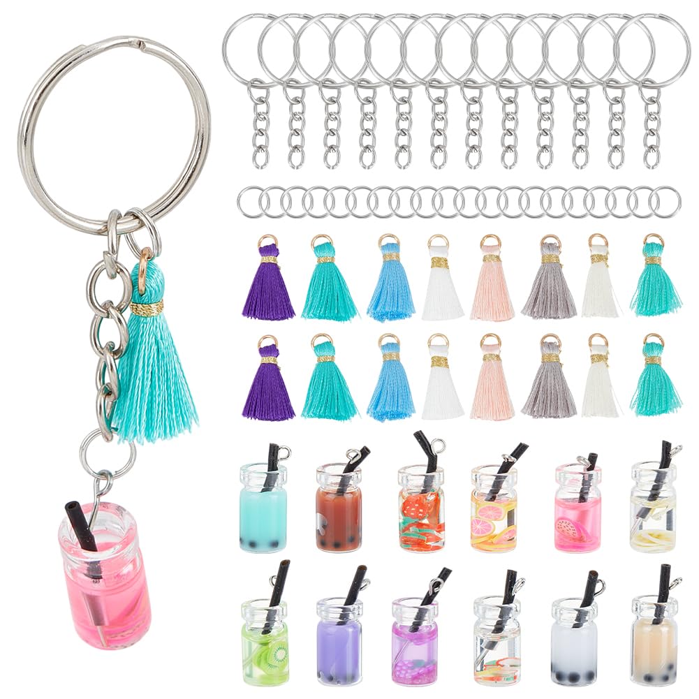 OLYCRAFT 60pcs Bubble Tea Keychain Kit Colorful Keychain Making Kit Mini Cup Charms Glass Bottle Pendant with Straw Milk Tea Cup Pendants Tassels Rings for DIY Jewelry Keychains Decor