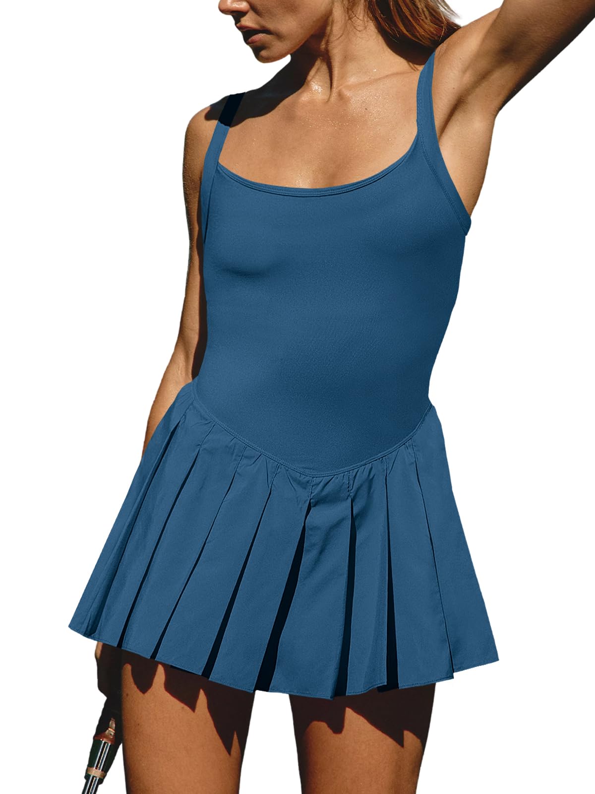 Photo 1 of SENSERISE Womens Tennis Dress with Built in Shorts & Bra Workout Athletic Dresses Golf Outfits Pleated Summer Romper(Teal Blue,S)