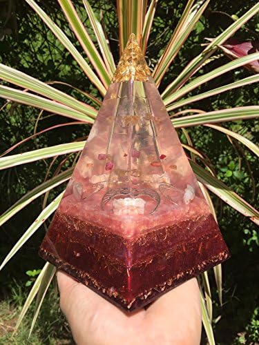 ʻŌhelohelo Tall Orgone Pyramid with Spinel, Golden Topaz, Pink Opal, Tibetan Quartz and Phantom Smoky Quartz (medium)