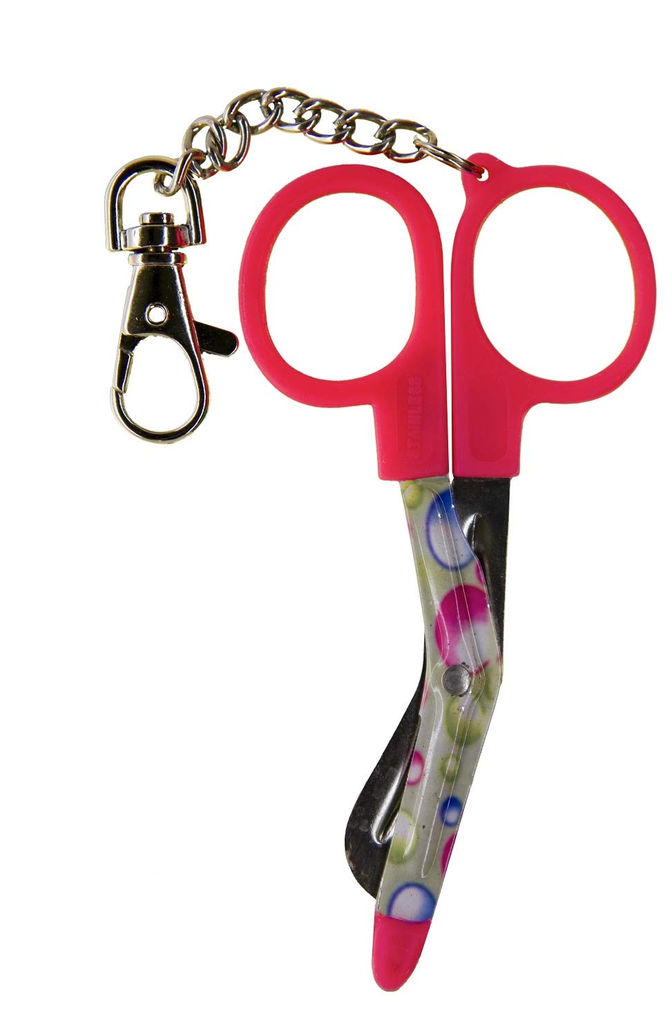 Mini Nurses Utility Scissors with 'Bubble' Pattern Printed Blades - Belt Clip - Pink Handle