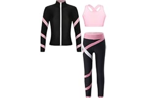 YiZYiF Kids Girls Figure Ice Skating Gym Training Suit Long Sleeve Jacket Sleeveless Crop Top with Skating Pants Set