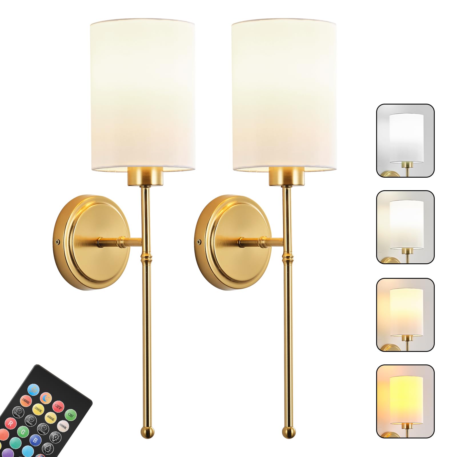 Photo 1 of KARTOOSH Battery Operated Wall Sconce Set of Two, Gold Wireless Rechargeable Wall Light with Remote Control, Dimmable, Amber/Warm/Natural/Cool White, RGB, Battery Power Sconces for Living Room Bedroom