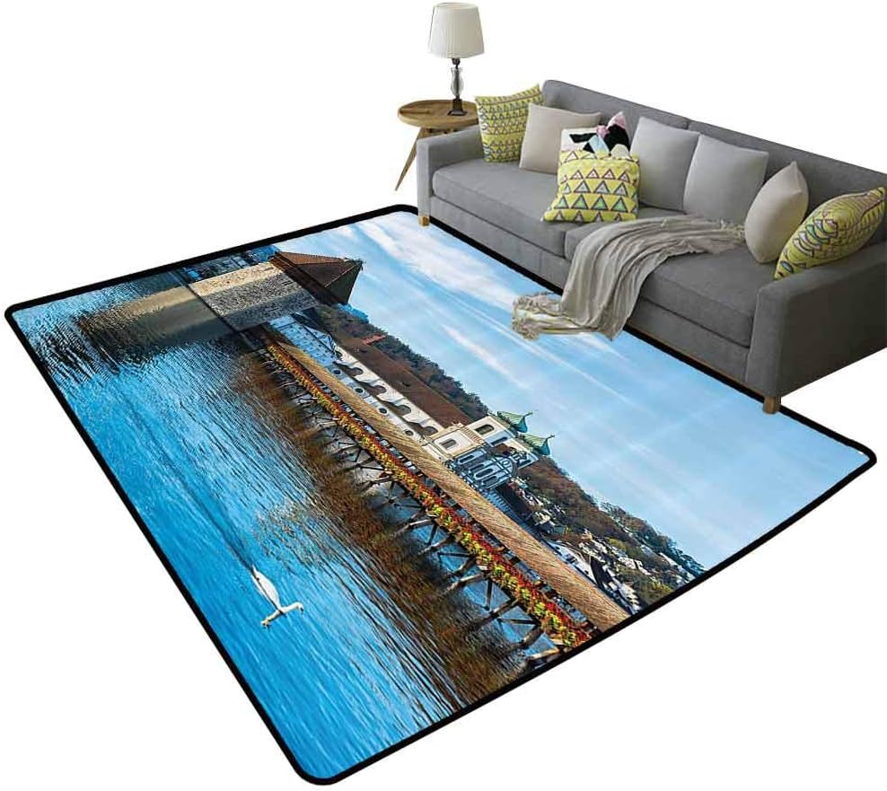 Apartment Decor Home Rug Panoramic View of Oak Chapel Bridge in Northern Lands Lake European Aged City Print Non-Slip Backing Blue Brown, 5'x 6'(150x180cm)