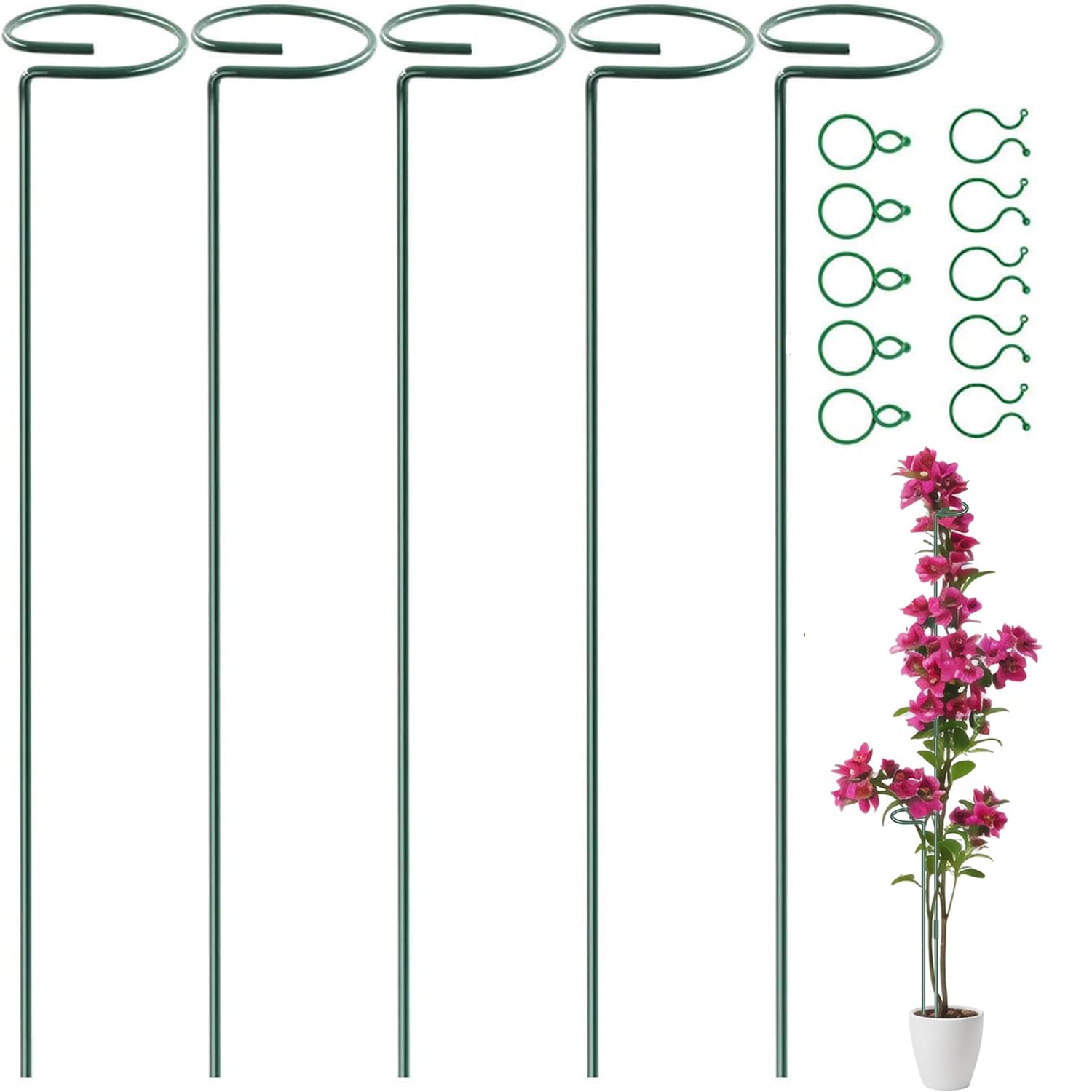 5 Pcs Plants Supports Stake Flower Tall Climbing Cages Stakes Metal Stakes 40 cm with 10 Pcs Plant Stem Clips for Outdoor Indoor Tomato Rose Peonies Trellis Spiral Rings Frame