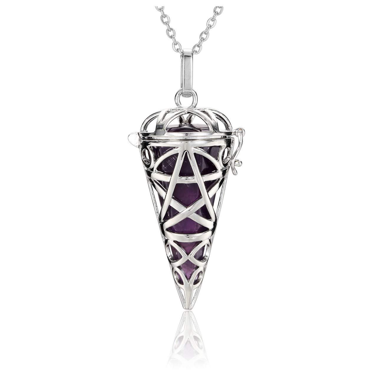 JOVIVI Amethyst Reiki Healing Crystal Locket Pendant Necklace Purple Gemstone Hexagonal Pointed Necklace Pendulum Dowsing Divination Jewellery for Women