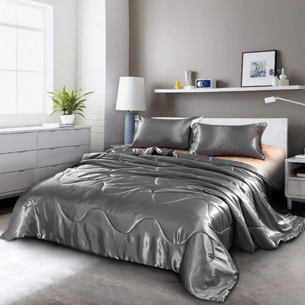 Photo 1 of Holawakaka Luxurious Solid Satin Silk Like Comforter Set Ultra Soft Silky Quilt Breathable Bedding Bed-in-A-Bag King Size (Grey)