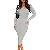 zhaistar Women's Sexy Bodycon Long Sleeve Midi Dress Scoop Neck Ribbed Knit Cocktail Party Club Dresses