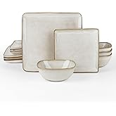 Famiware Dinnerware Sets for 4, Ocean Square 12-Piece Kitchen Plates and Bowls Sets, Reactive Glaze, Microwave and Dishwasher Safe, Scratch Resistant, Cappuccino White