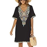 AK Caftan Boho Embroidered Dress for Women V-Neck Short Sleeve Mexican Floral Beach Cover Ups Midi Dress