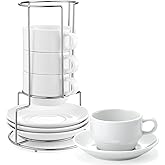 Yedio 8 oz Porcelain Cappuccino Cups with Saucers and Metal Stand, Stackable Coffee Cups for Latte, Americano, Tea – Set of 4, White