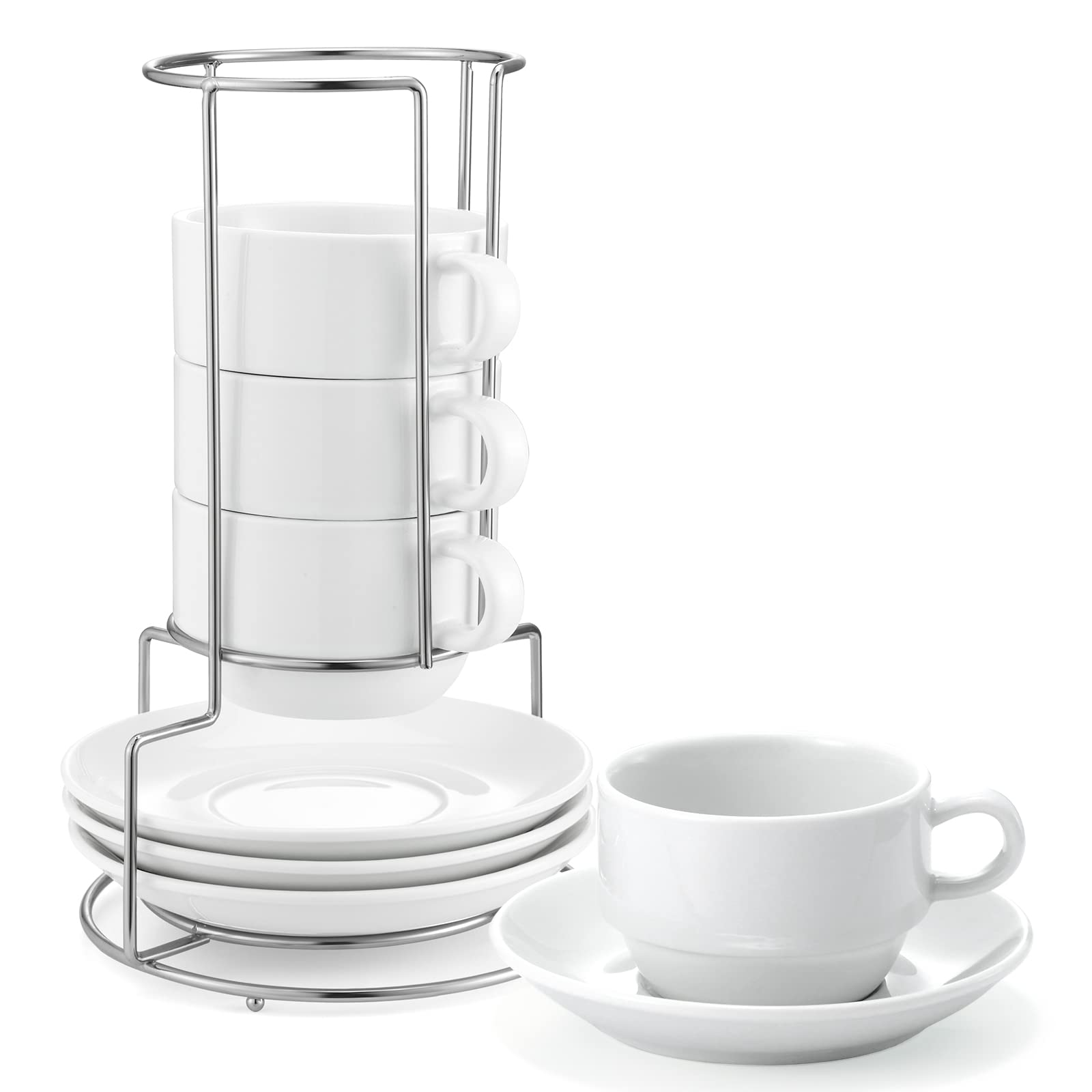 Photo 1 of Yedio 4 oz Espresso Cups with Saucers and Metal Stand, Porcelain Stackable Coffee Cappuccino Cups Set of 4, White