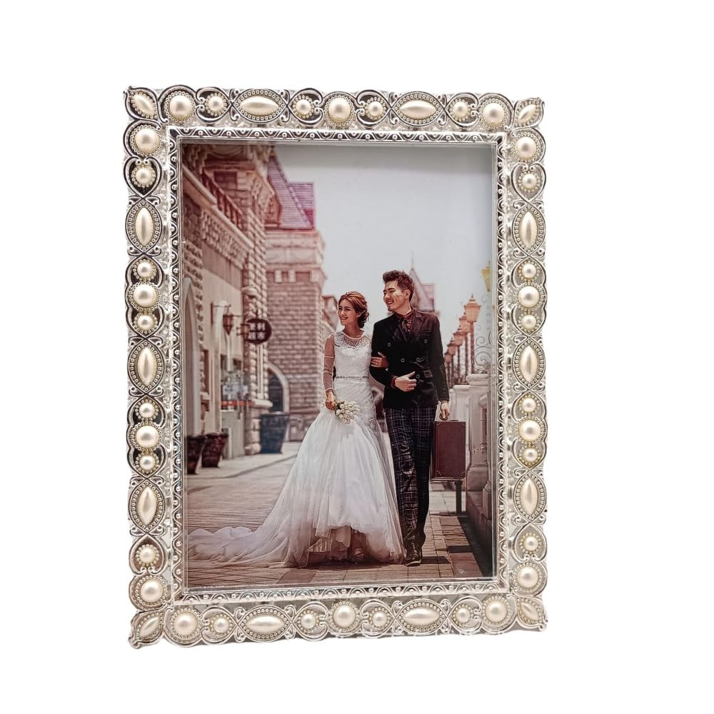 Xshelley 5x7 Pearl Picture Frame with Crystal for Wedding,Silver Plated with High Definition Glass Photo Frames,Pearls Inlaid with White electroplated Bright Silver zinc Alloy Photo Frame