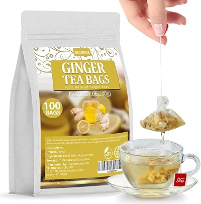 ULTHMOK Premium Ginger Tea 100 Bags 100% Pure Ginger Root Caffeine Free