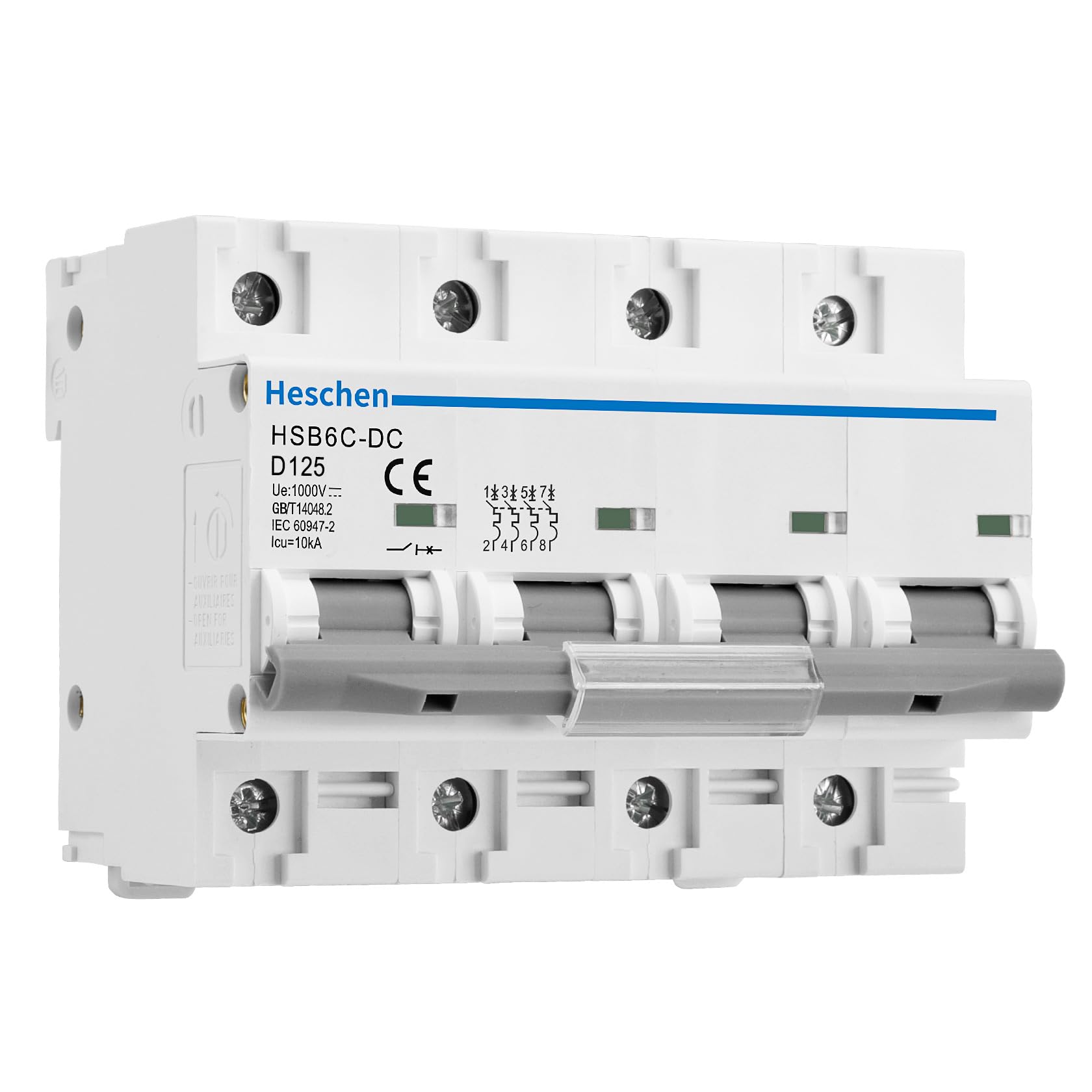 Heschen DC Miniature Circuit Breaker, HSB6C-DC, 4 Poles, DC1000V 125A, Photovoltaic Circuit Breaker, for Solar PV System Solar Panels Grid System, 35mm DIN Rail Mounting