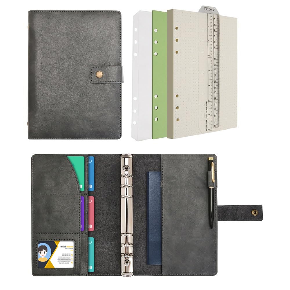 WONDERPOOL Leather Diary Refillable Notebook Spiral Journal Binder Portfolio - A5 Dot Grid Paper & Inner Pockets for Travel Work and Personal Organizer (Grey, A5)