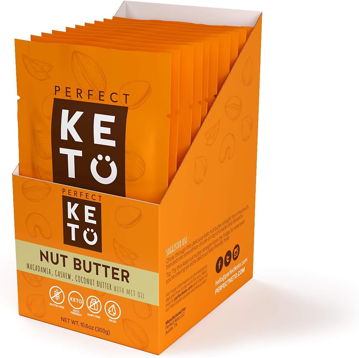 Perfect Keto Nut Butter Singles 10.6 oz : Fat Bomb to Support Weight Management on Ketogenic Diet. Ketosis Superfood Raw Nuts. Cashew Macadamia Coconut Vanilla Sea Salt. (10 Pack)