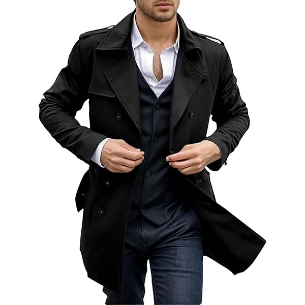 evzosrz Mens Trench Coat Notched Lapel Long Jacket Double Breasted
