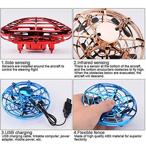 Teepao UFO Flying Ball Toys, Mini Quadcopter Drone Auto-Avoid Obstacles Helicopter Ball with 360°Rotating LED Lights for Kids,Adult (Gold)
