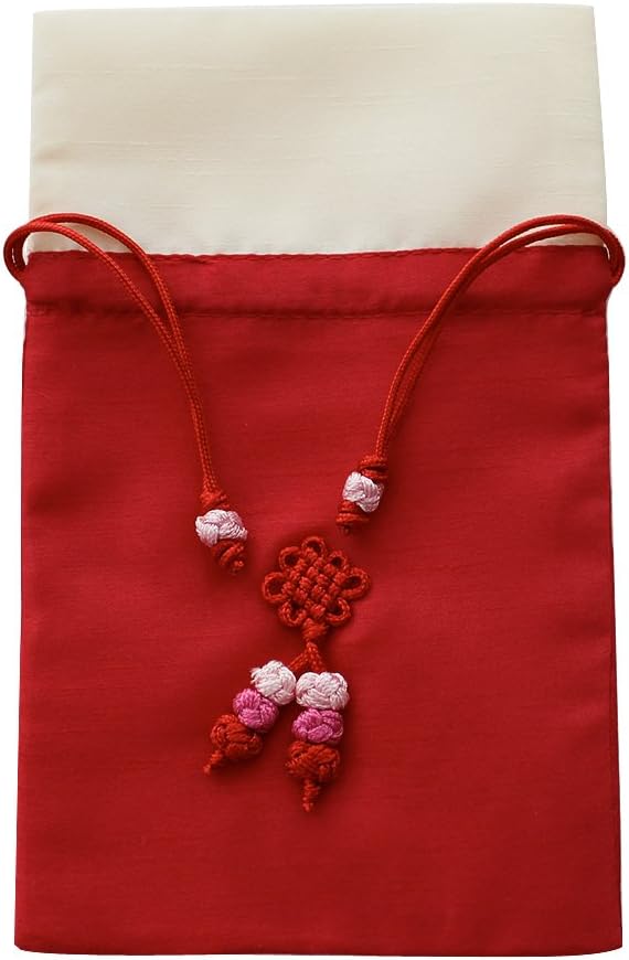 Silk jewellery pouch, travel jewelry bag with drawstring, hand knotted decoration. Red & Beige