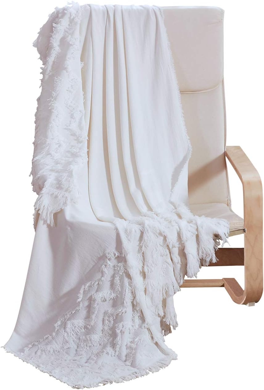 PHF 100% Cotton Textured Throw Blanket Solid for Sofa Couch, 50" x 60", Clipped Jacquard for Home Decoration, White: Kitchen & Dining