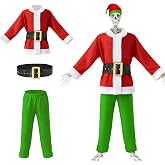 4 Pcs 12 ft Skeleton Christmas Costume Accessory Green Monster Costume Set | Furry Fancy Santa Outfit Include Top Pants Hat Fake Beard for Garden Lawn Yard Party Decoration, Skeleton Not Included