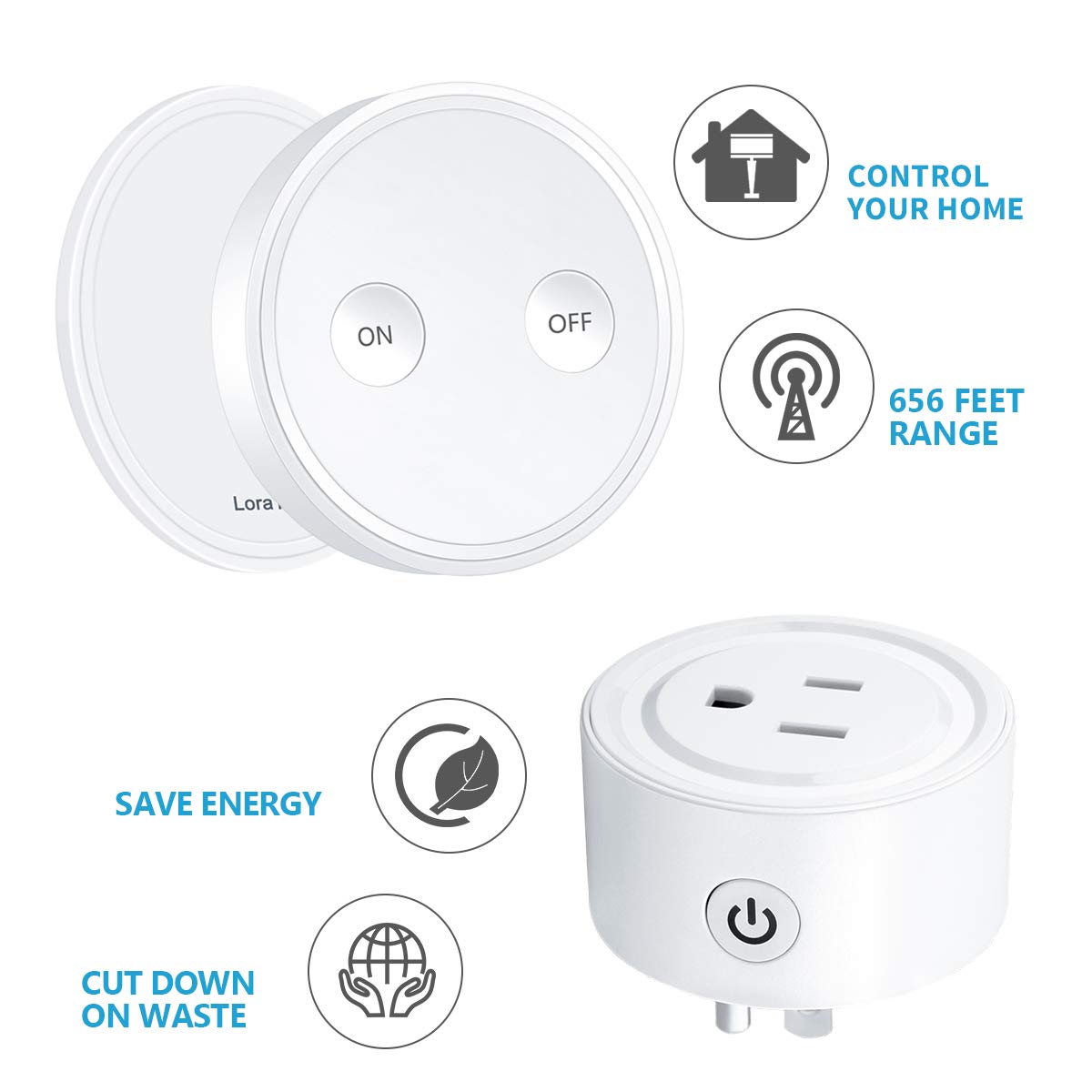 LoraTap Mini Remote Control Outlet Plug Adapter with 2 Remotes, 656ft