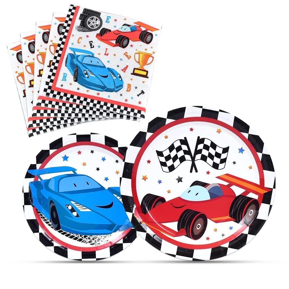WERNNSAI Racing Car Party Supplies for Boys - 48 PCS Checked Racing Car Plates and Napkins Reusable Paper Luncheon Dinner Dessert Cake Plates Tableware Kit Serves 16 Guests