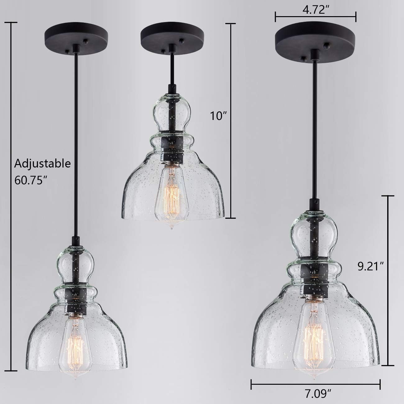 LANROS Industrial Mini Pendant Lighting with Handblown Clear Seeded Glass Shade, Adjustable Cord Farmhouse Lamp Ceiling Pendant Light Fixture for Kitchen Island Restaurant Kitchen Sink, Black, 1 Pack - - 